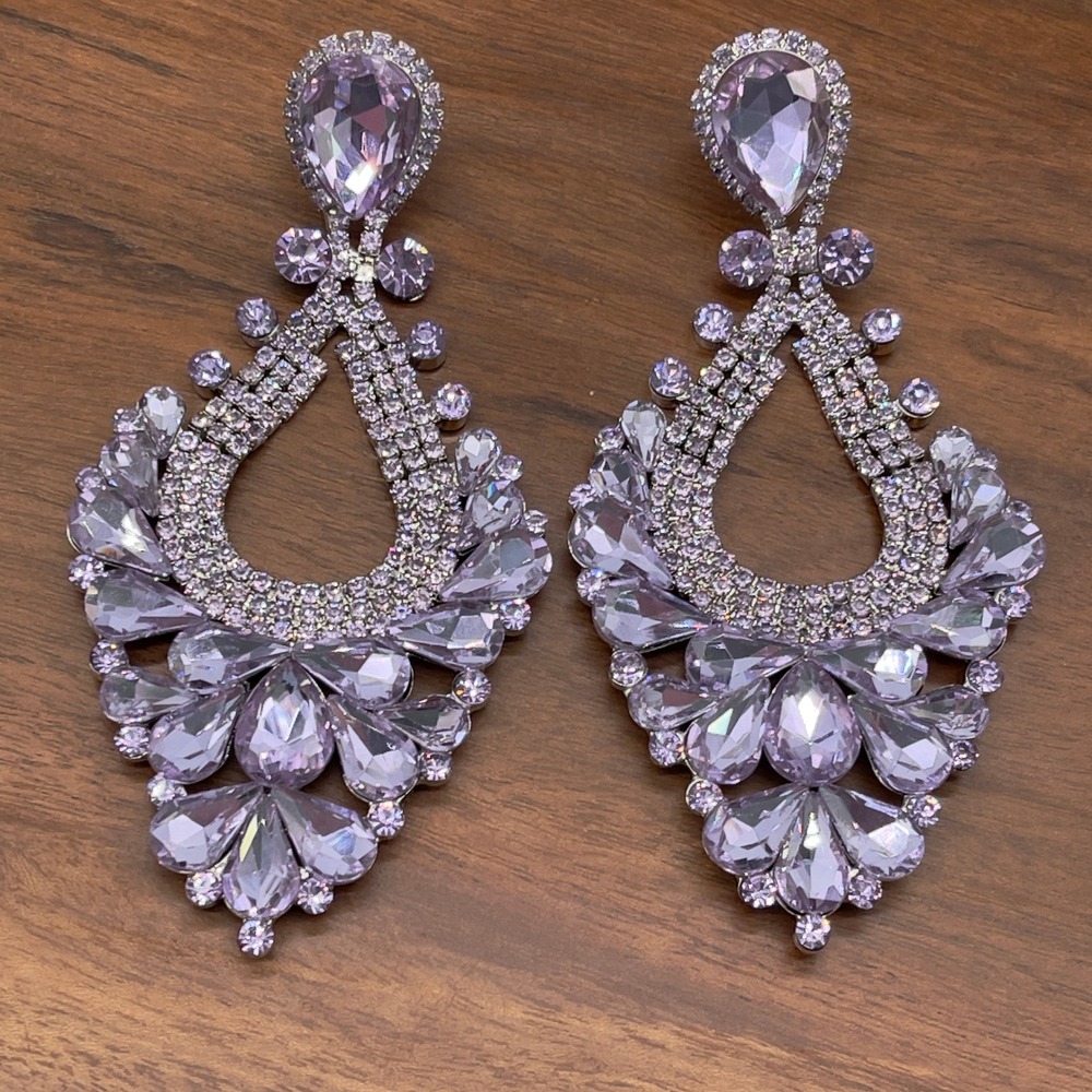 Lavender Crystal Statement Drop Earrings - Unbranded